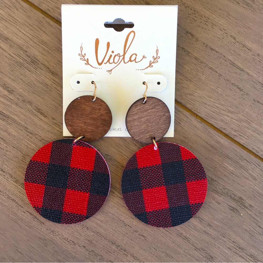 NEW Faux Leather & Wood Mixed Media Buffalo Plaid Check Double Disc Earr…